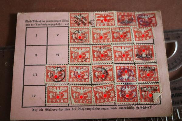 alte Mitgliedskarte NSDAP Nr. 5049618  München 1938